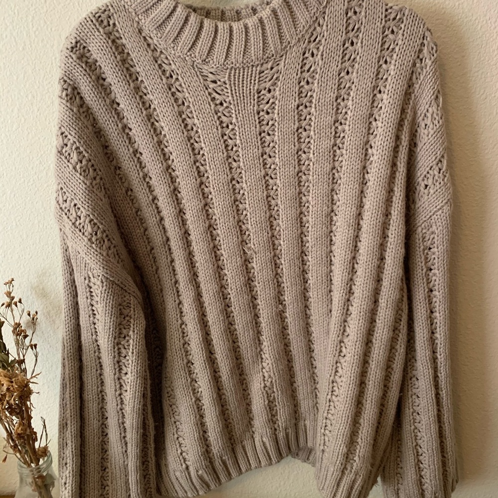 tan mock neck knit sweater